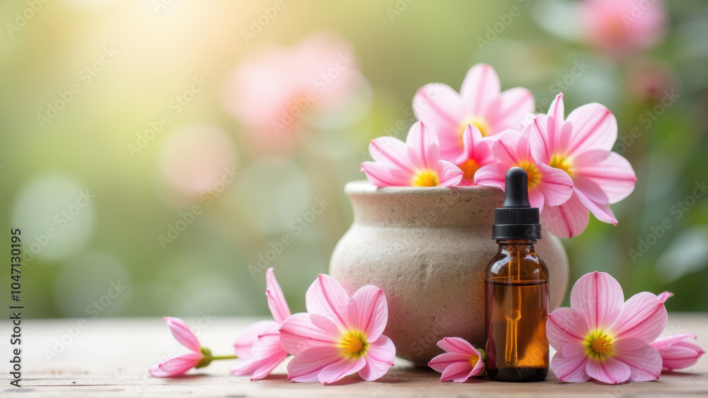 A small bottle of essential oil next to a vase with pink flowers. A small bottle of essential oil next to a vase with pink flowers.