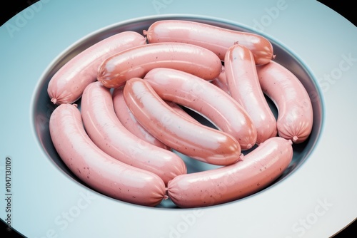 A plate filled with plump  pale pink sausages. photo