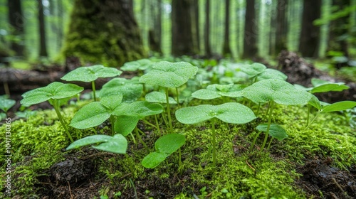 Lush Green Forest Floor with Dewy Leaves and Moss