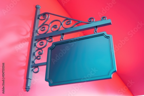 A blank  blue sign hangs from a decorative  black metal bracket against a pink wall. photo