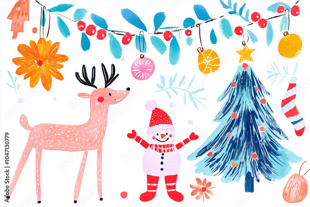 Fototapeta premium Christmas gift card, abstract fun Merry Christmas time cartoon illustrations greeting cards, illustration styles