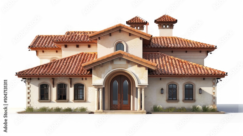 A Mediterranean-style house with a terracotta roof and arched doorways. A Mediterranean-style house with a terracotta roof and arched doorways.