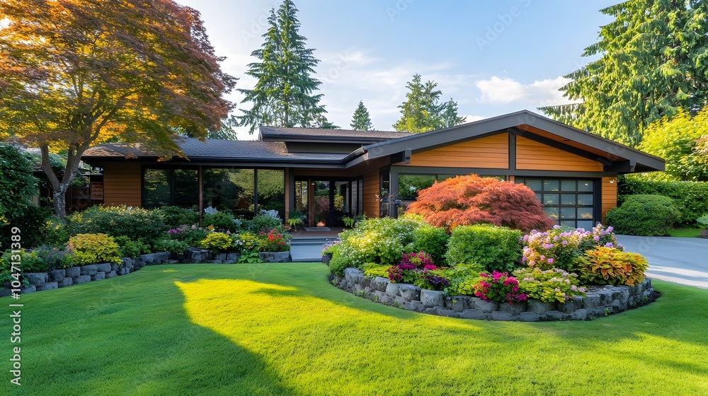 Modern single-story home with lush garden, wood and metal exterior, large windows, expansive deck, manicured lawn, colorful flower beds, and serene suburban architectural design. Modern single-story home with lush garden, wood and metal exterior, large windows, expansive deck, manicured lawn, colorful flower beds, and serene suburban architectural design.