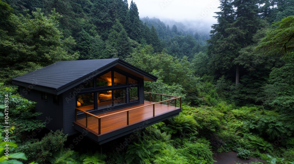 Modern Cabin in Lush Forest with Large Windows and Deck at Dusk Modern Cabin in Lush Forest with Large Windows and Deck at Dusk
