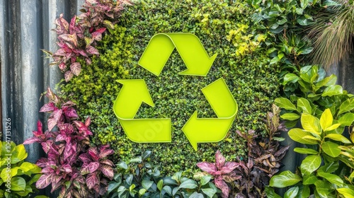 A vibrant green recycling symbol, surrounded by dense, thriving plants and trees, represents nature harmony with sustainable efforts. photo