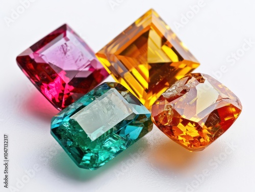 A set of radiant-cut gemstones, including ruby, emerald, and topaz, isolated on white