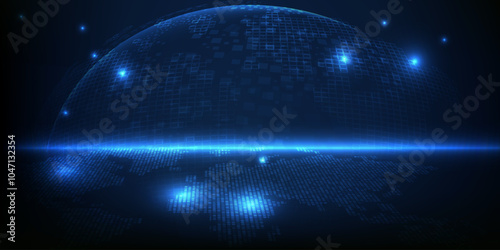 Vector illustrations of Abstract blue futuristic globe digital economic or metaverse with glowing particles around.Digital innovation and technology concepts.