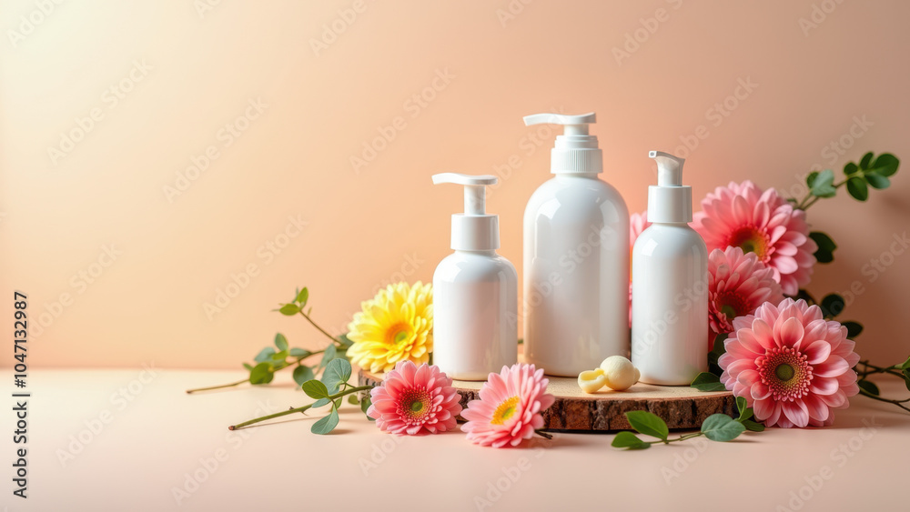 A collection of beauty products, including soap and lotion bottles, decorated with flowers.