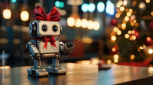 Wallpaper Mural A toy robot with a red bow on its head stands on a table, Gift box transforming into a robot, AI Generated Torontodigital.ca