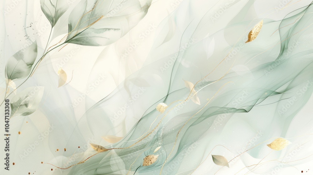 Abstract Art with Green Leaves and Golden Lines on a White Background Abstract Art with Green Leaves and Golden Lines on a White Background