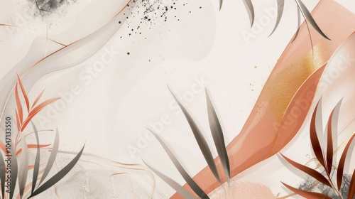 Abstract Art with Curving Lines, Gold Accents, and Leaves