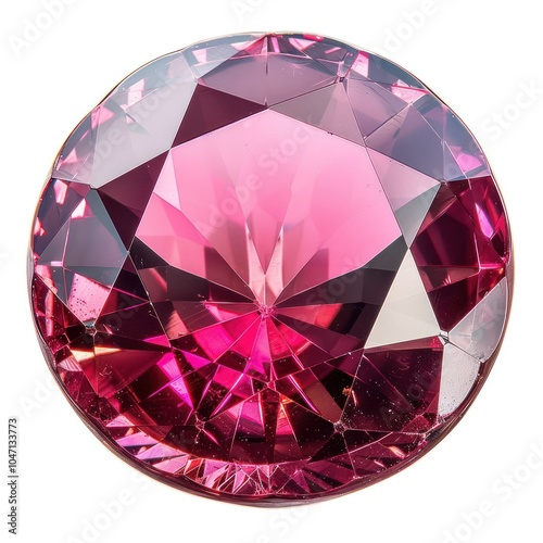 A single brilliant-cut ruby gemstone with rich red color, isolated on a white background photo