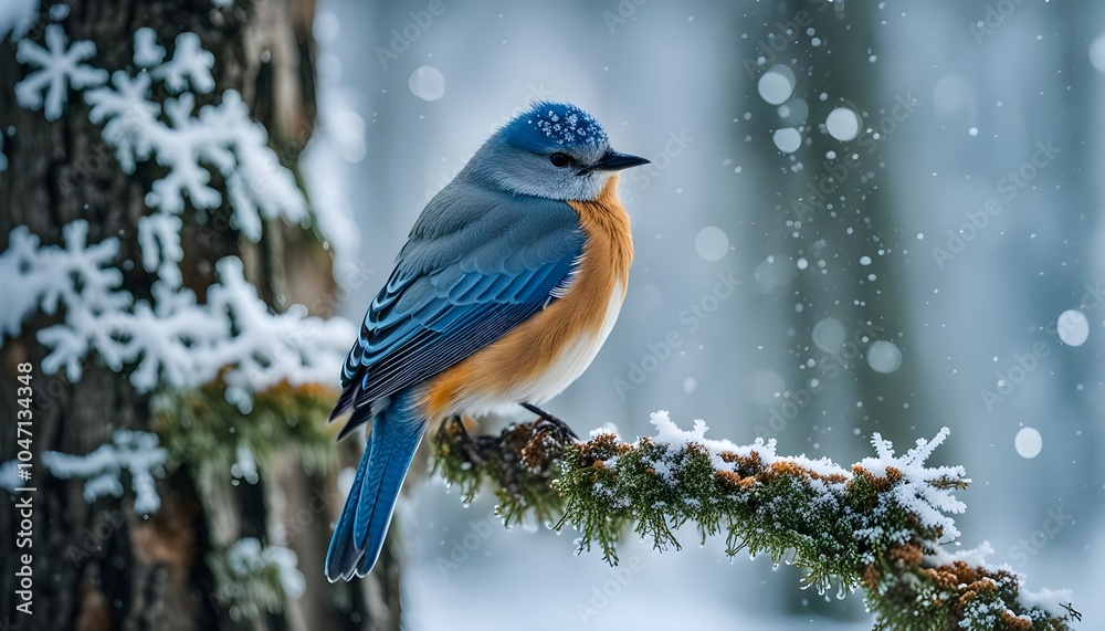 Naklejka premium Concetto di inverno, freddo e feste di Natale: merlo bluebird in un bosco con neve e ghiaccio al freddo