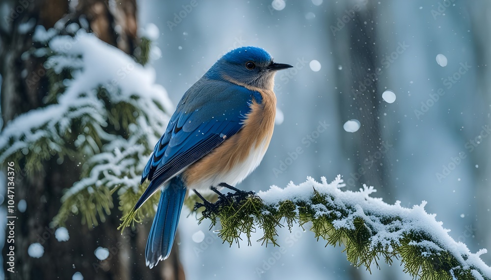 Naklejka premium Concetto di inverno, freddo e feste di Natale: merlo bluebird in un bosco con neve e ghiaccio al freddo