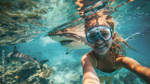 A little girl takes a selfie with a shark underwater while smiling.