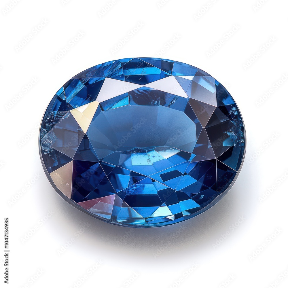 A single oval-shaped sapphire gemstone, deep blue and shiny, isolated on white background A single oval-shaped sapphire gemstone, deep blue and shiny, isolated on white background