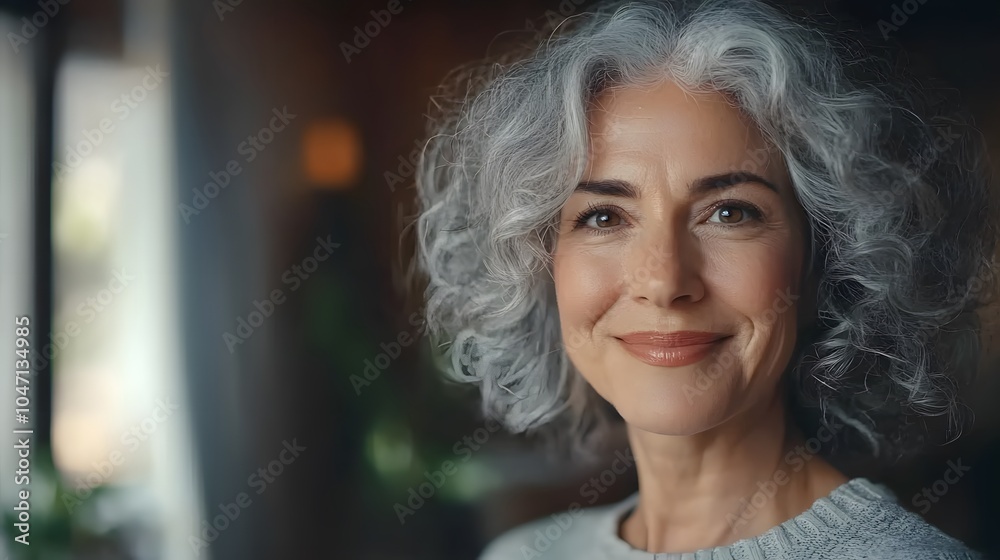 Portrait of a radiant mature woman with silver curly hair, genuine warm smile, soft natural lighting, serene home interior setting, and an elegant expression of positive aging. Portrait of a radiant mature woman with silver curly hair, genuine warm smile, soft natural lighting, serene home interior setting, and an elegant expression of positive aging.