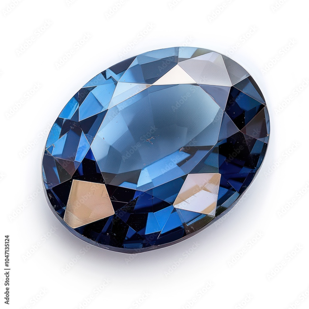 A single oval-shaped sapphire gemstone, deep blue and shiny, isolated on white background