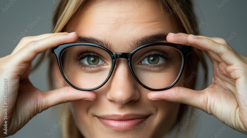Fototapeta premium Mature woman wears eyeglasses looking at camera through joined fingers showing heart symbol, close up. Advertises eyewear store, laser vision correction, health check-up, cardio vitamins, sign of love