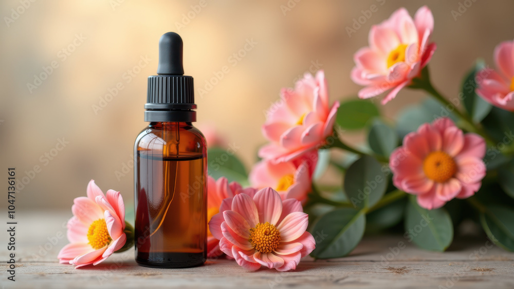 A bottle of oil with a dropper top, accompanied by pink flowers. A bottle of oil with a dropper top, accompanied by pink flowers.