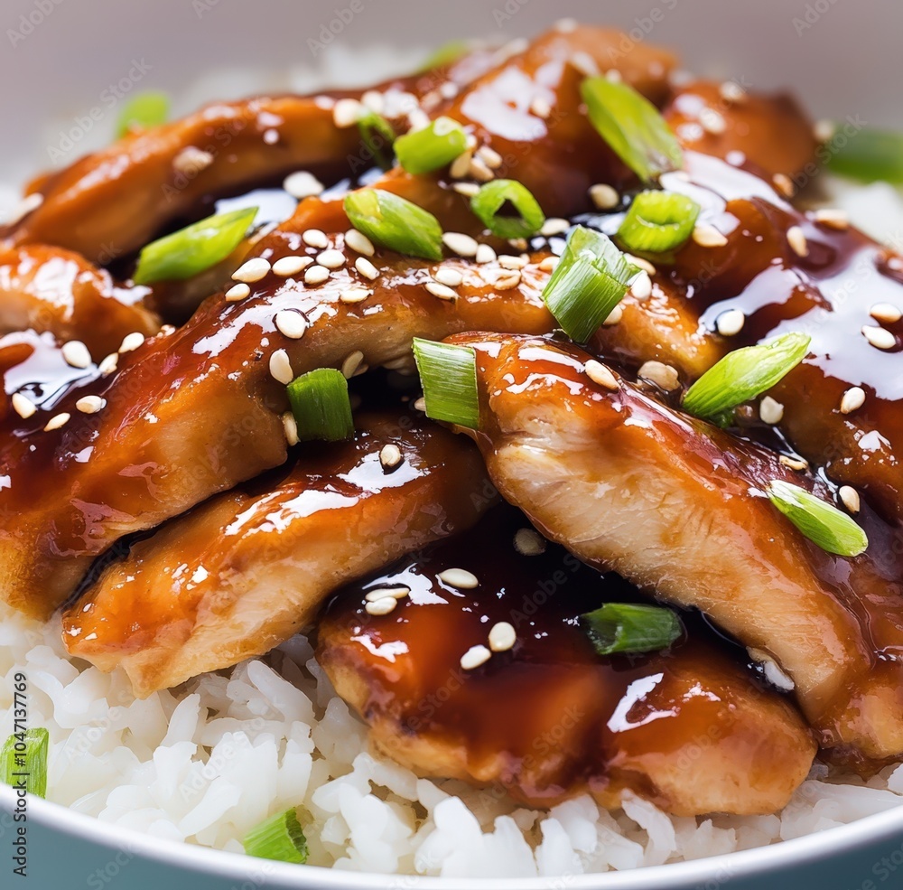 Delicious teriyaki chicken dish served over rice Delicious teriyaki chicken dish served over rice