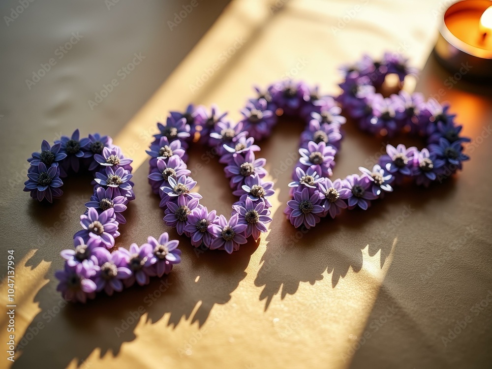 Floral 2023: purple flower arrangement celebrating the new year with candlelight Floral 2023: purple flower arrangement celebrating the new year with candlelight