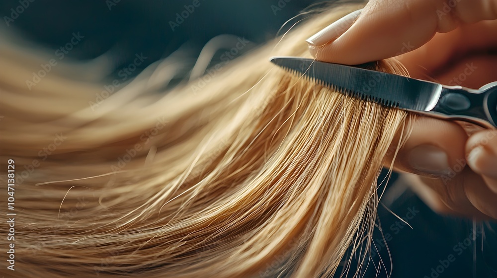 Obraz premium Close up of precision scissors meticulously trimming the ends of long flowing hair in a minimalist monochromatic style Represents the art of hairstyling personal grooming and attention to detail