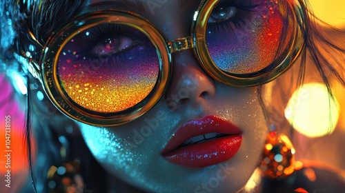 frau, sonnenbrille, disco, balls, kugel, neu, close up, future, dusk, farbe, model, hairs, friseur, schÃ¶nheit, glas, haar, gesicht, leitbild, make-up, kosmetik, futuristisch, luxus, photo, art, cybe photo