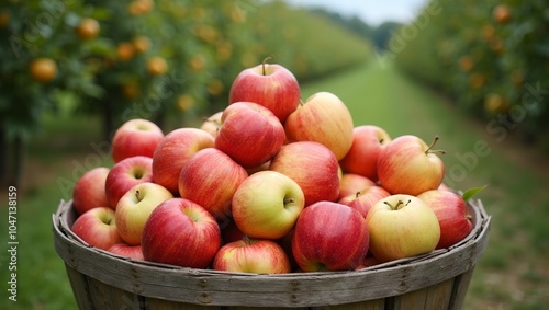 Colorful mix of freshly picked apples in a rustic basket orchard backdrop with fruit laden trees