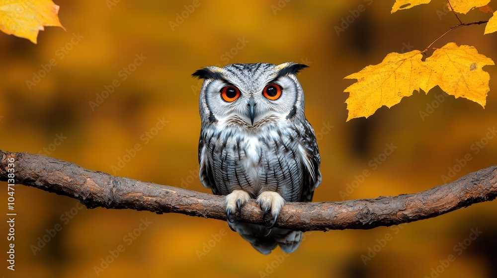 Wise Owl Perched on Branch with Autumn Leaves Wise Owl Perched on Branch with Autumn Leaves