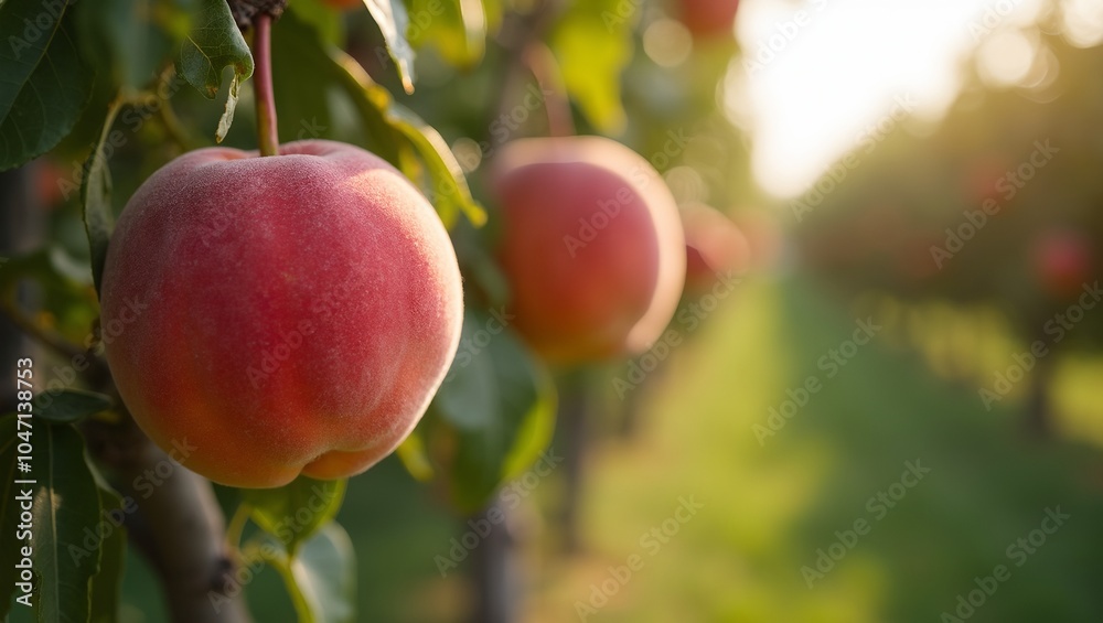 Ripe peaches on trees in a sunlit orchard Ripe peaches on trees in a sunlit orchard