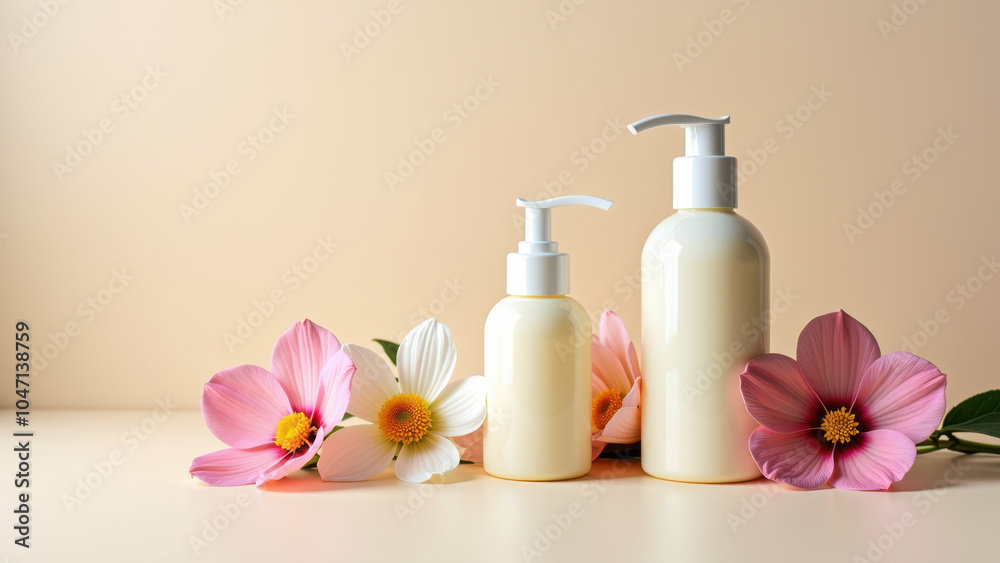 A collection of cosmetics with flowers. A collection of cosmetics with flowers.