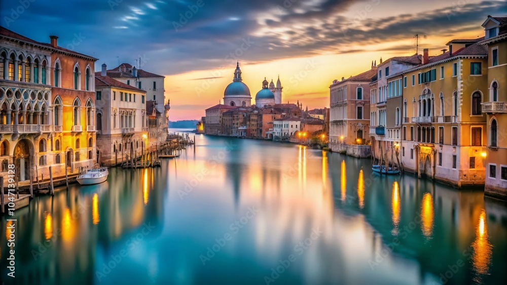 Long Exposure of Grand Canal in Venice at Twilight with Reflections and Soft Light Long Exposure of Grand Canal in Venice at Twilight with Reflections and Soft Light