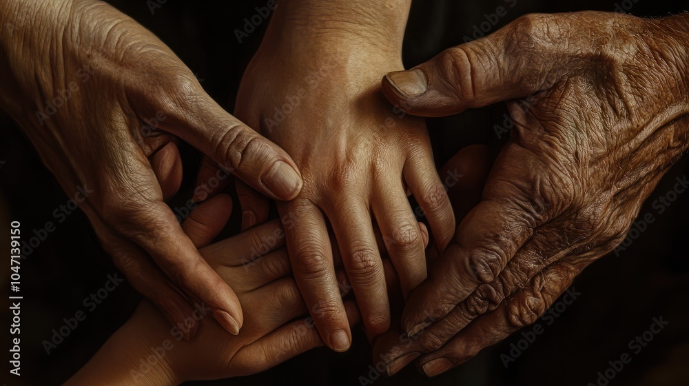 Fototapeta premium Hands of four generations close-up . Hands of mother, father and grandfather over the child's hand . Family value