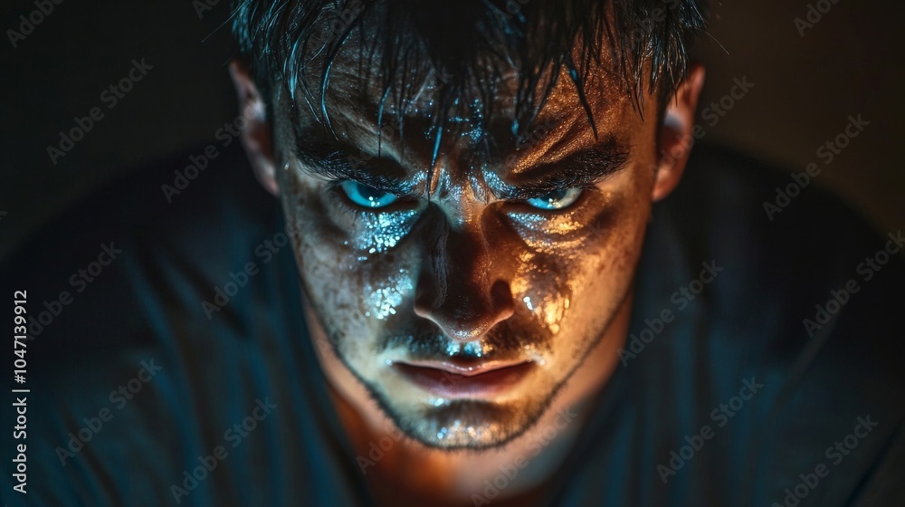 Close-up Portrait of a Man with Sweat on his Face and Blue Eyes Close-up Portrait of a Man with Sweat on his Face and Blue Eyes