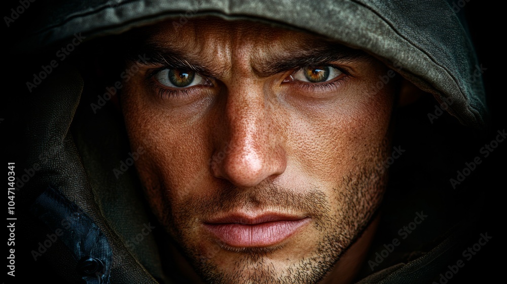 Close-up Portrait of a Man with a Serious Expression Wearing a Hooded Jacket Close-up Portrait of a Man with a Serious Expression Wearing a Hooded Jacket