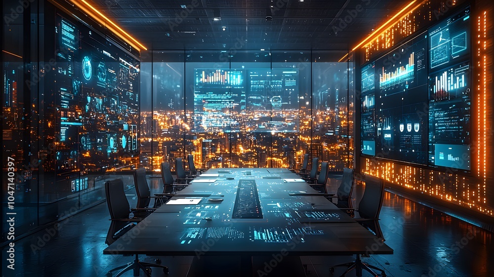 The conference room features a long table surrounded by chairs, with large digital screens displaying data and charts, illuminated against a city skyline at night. The conference room features a long table surrounded by chairs, with large digital screens displaying data and charts, illuminated against a city skyline at night.