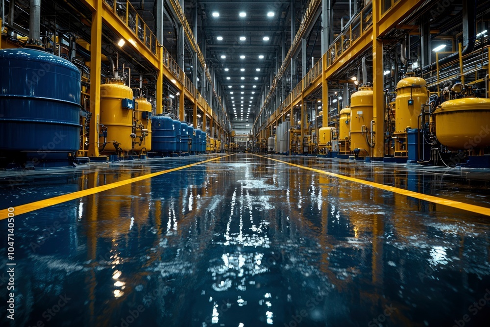 Wet Factory Floor with Industrial Tanks and Yellow Structural Beams