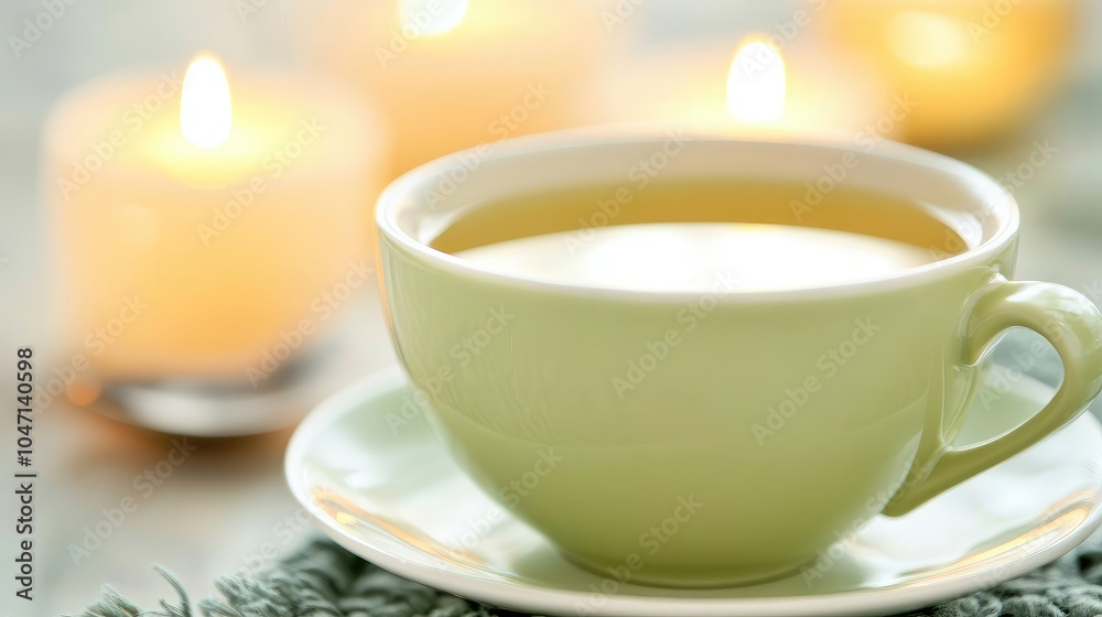 Serene Cup of Tea with Soft Candlelight Background Serene Cup of Tea with Soft Candlelight Background
