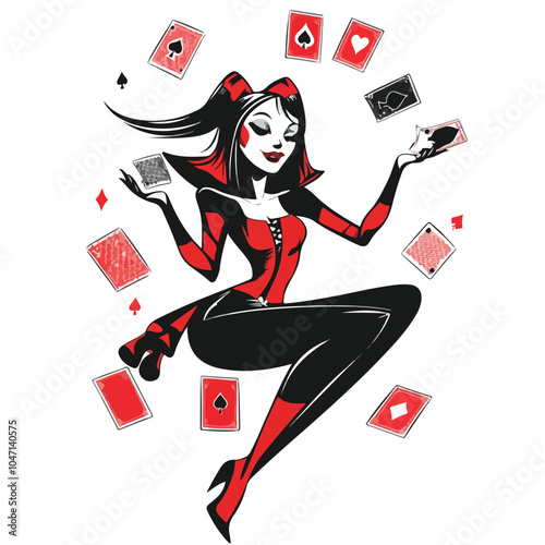 Funny Joker Girl Juggling in Red and Black Colors for Creative Concepts
