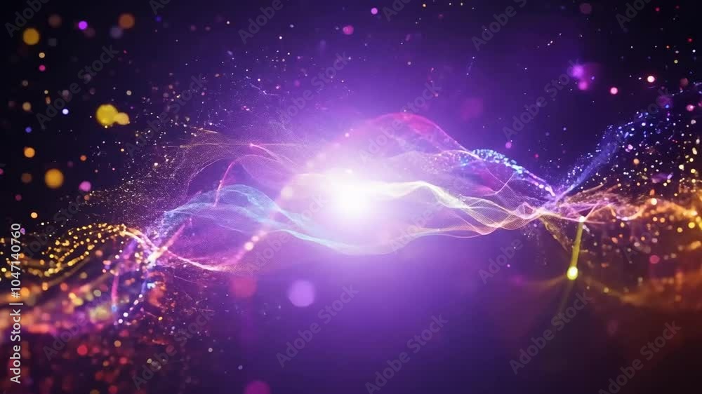 Colorful energy waves flow through a dark background, accompanied by vibrant particles creating a dynamic visual effect