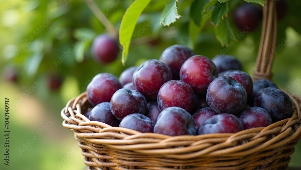 Freshly harvested plums in a shiny basket set in an orchard under sunlight
