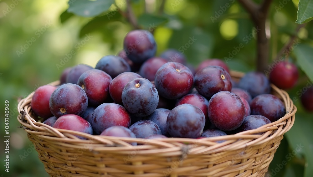 Freshly harvested plums in a shiny basket set in an orchard under sunlight