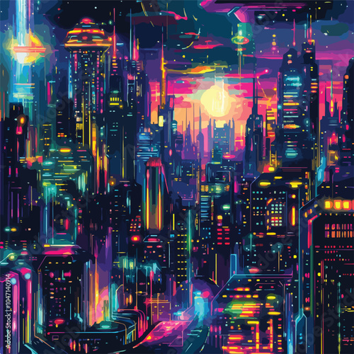 Vibrant Futuristic Night Cityscape Illuminated with Colorful Lights