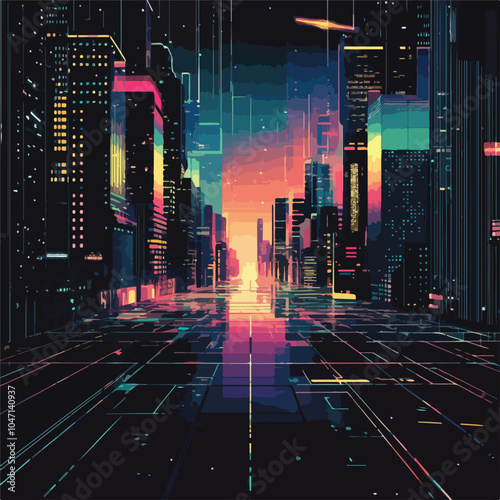 Vibrant Futuristic Night Cityscape Illuminated with Colorful Lights