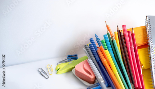Colorful stationery on side position provides copy space for text. background concept isolated white