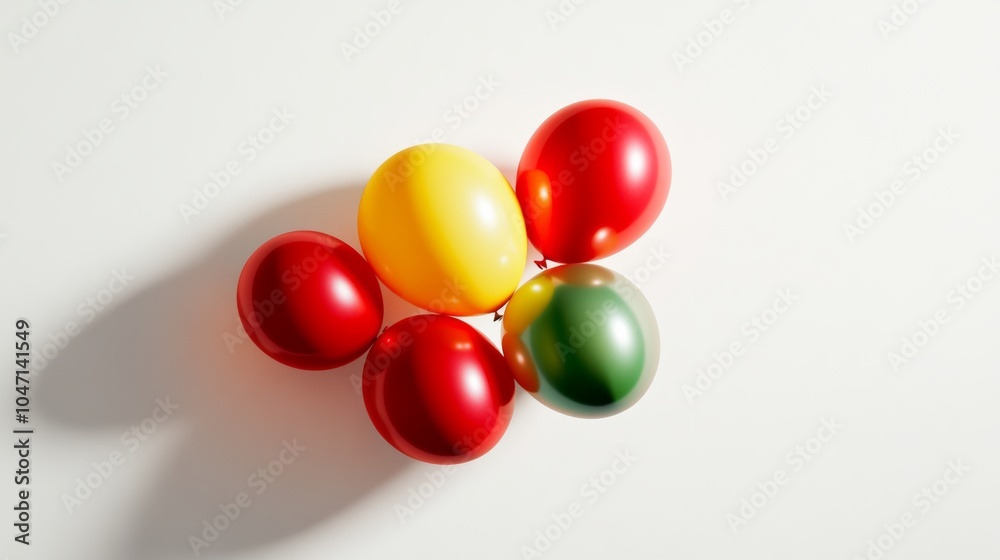 A cluster of vibrant red, yellow, and green balloons floating together in mid-air, casting soft reflections on a clean white backdrop A cluster of vibrant red, yellow, and green balloons floating together in mid-air, casting soft reflections on a clean white backdrop