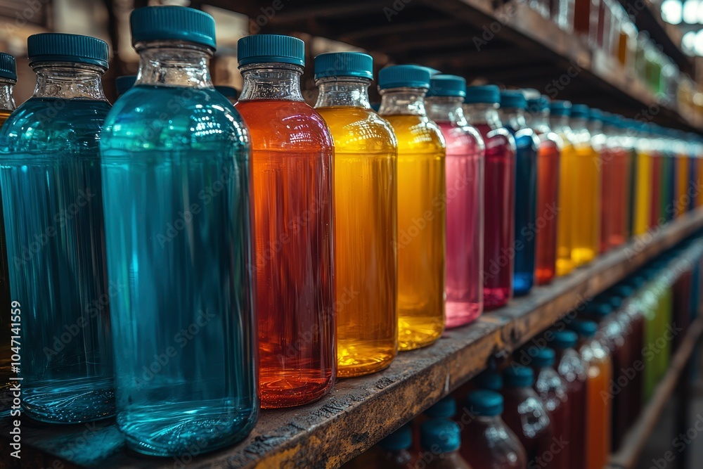 Rows of Colorful Liquid-Filled Bottles on Wooden Shelves Rows of Colorful Liquid-Filled Bottles on Wooden Shelves