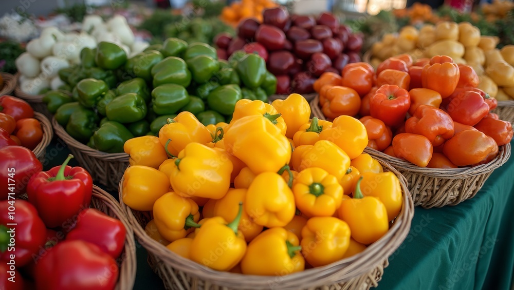 Vibrant bell peppers at a farmers market stall Vibrant bell peppers at a farmers market stall