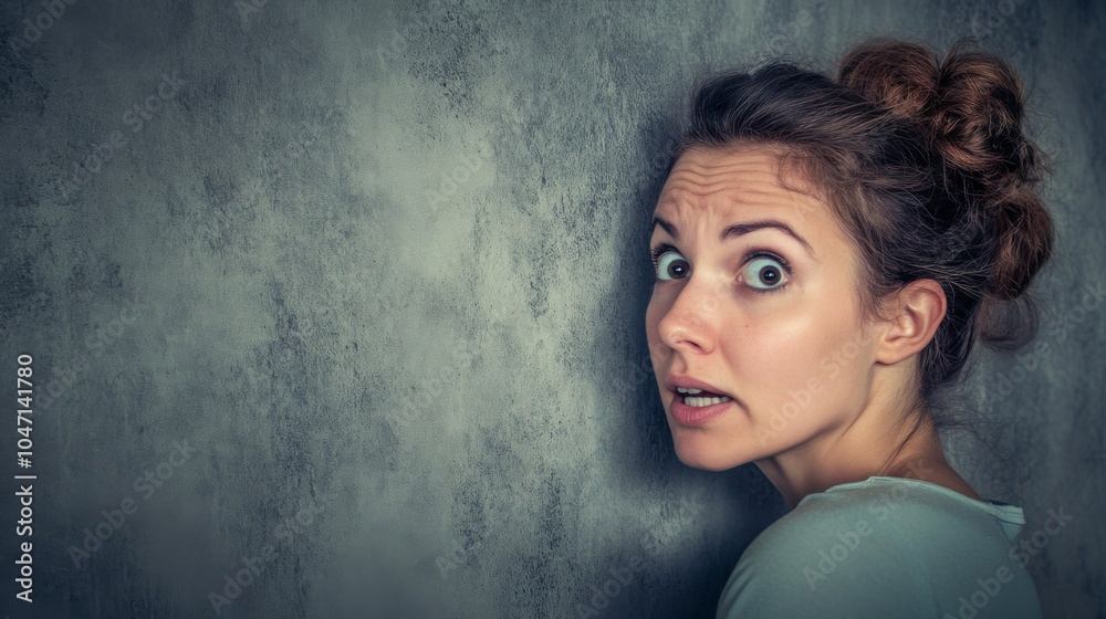 Fototapeta premium Woman with Wide Eyes Listening intently at a Wall
